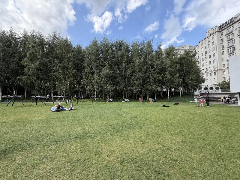 Газон у берёзовой рощи, на траве отдыхают люди
