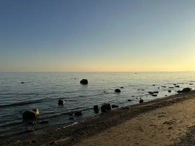 Спокойный Финский залив в предзакатном свете: валуны у самой воды и широкий песчаный берег