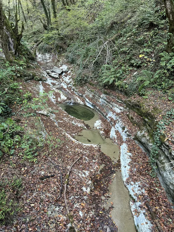 Водопады Фагуа: пологий каскад из невысоких водоскатов по слоистым камням, русло усыпано опавшей осенней листвой, посередине — небольшая круглая заводь.