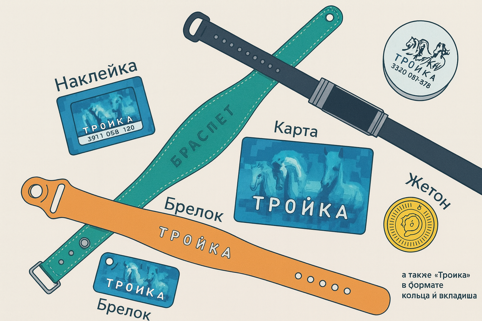 Носители: пластик, брелок, браслет, виртуальная «Тройка»