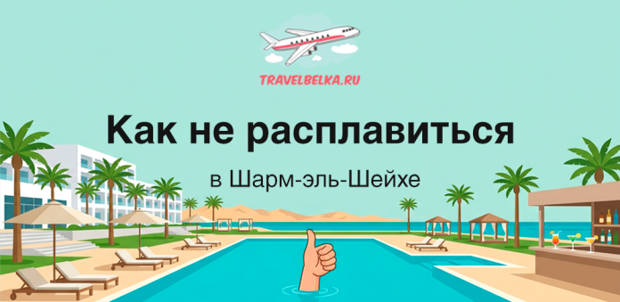 Иллюстративный баннер курортного бассейна с пальмами и баром на фоне текста о Шарм-эль-Шейхе и советами как не расплавиться