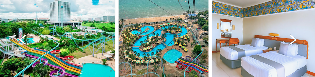 Aerial view of a water park with colorful twisting slides and a large blue pool among palm trees and greenery.