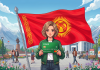 Young woman standing in a city square, holding a green mbank card, with a large Kyrgyz flag waving behind her.
