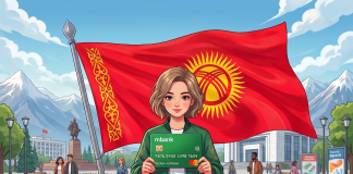 Young woman standing in a city square, holding a green mbank card, with a large Kyrgyz flag waving behind her.