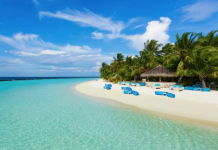 Какой вариант проживания выбрать на Мальдивах Turquoise lagoon with white sandy beach, palm trees, and blue lounge chairs by a thatched hut under a clear blue sky.