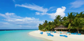 Turquoise lagoon with white sandy beach, palm trees, and blue lounge chairs by a thatched hut under a clear blue sky.