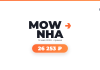Centered graphic with bold 'MOW NHA' text and orange arrow, date 14 май 2026, 'прямой', and a rounded orange pill reading 26 253 ₽; RT badge in top-right.