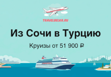TravelBelka.ru banner with plane logo, large 'Из Сочи в Турцию' text and 'Круизы от 51 900 ₽' showing a cruise ship on blue sea.