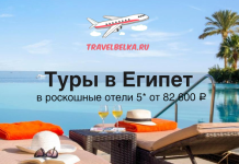 Poolside luxury resort in Egypt with palm trees, lounge chairs, and a banner reading 'Туры в Египет' with 'TRAVELBELKA.RU' logo on a sunny backdrop.