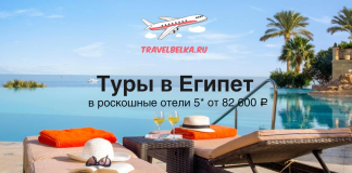 Poolside luxury resort in Egypt with palm trees, lounge chairs, and a banner reading 'Туры в Египет' with 'TRAVELBELKA.RU' logo on a sunny backdrop.