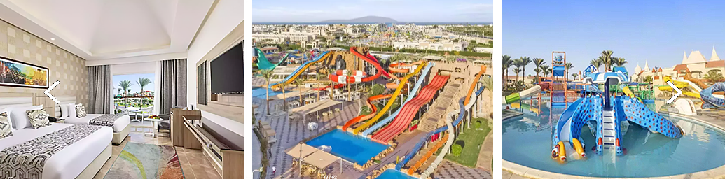 Triptych: hotel room with balcony view, a colorful outdoor water park with slides, and a kids' splash zone at a resort.