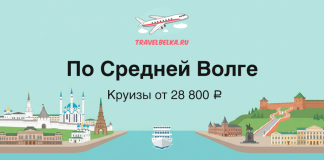 TravelBelka.ru banner advertising Middle Volga river cruises from ₽28,800, with a plane logo and cityscape illustrations.