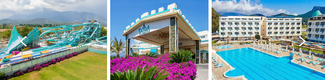 Triptych showing a water-park with twisting slides, the resort hotel entrance framed by purple flowers, and a large outdoor pool with lounge chairs at a sunny resort.
