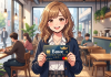 Cheerful woman in a cafe holds up a dark blue bank card toward the viewer, smiling at the camera.