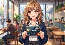 Cheerful woman in a cafe holds up a dark blue bank card toward the viewer, smiling at the camera.