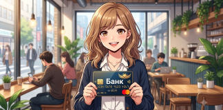 Cheerful woman in a cafe holds up a dark blue bank card toward the viewer, smiling at the camera.