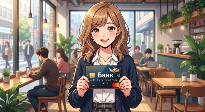 Карта иностранного банка для россиян Cheerful woman in a cafe holds up a dark blue bank card toward the viewer, smiling at the camera.