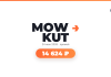 RT logo badge in top-right; bold 'MOW KUT' with orange arrow, date and 'прямой' beneath, and an orange rounded pill showing '14 624 ₽'.