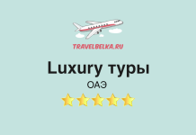 TravelBelka.ru banner: airplane illustration, text 'Luxury туры' and 'ОАЭ', five gold stars on mint background.