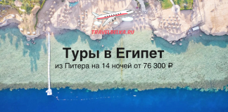 Туры в Египет из Питера на 14 ночей от 76300 с прямыми перелетами Promotional banner for Egypt tours from Saint Petersburg, with a plane logo and Russian text about 14 nights from ₽76,300.