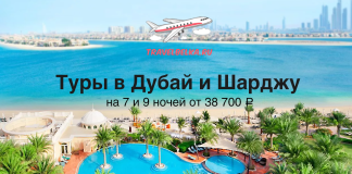 TravelBelka promo banner for Dubai and Sharjah tours, showing beach, pool and palm trees by the sea (text: Туры в Дубай и Шарджу).