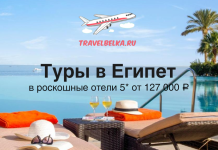 Туры в Египет в роскошные отели 5* от 127000 Promotional banner for TravelBelka.ru with airplane logo, poolside loungers, palm trees, and Russian text advertising luxury 5-star Egypt tours from ₽127,000.