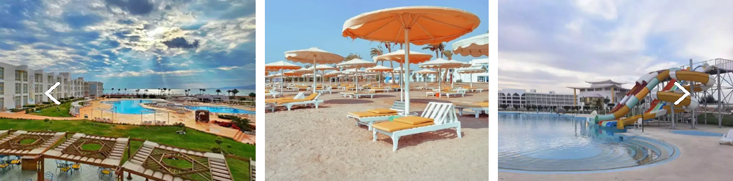 Three-panel collage showing: left—resort with a pool and sun loungers, middle—a sandy beach with orange umbrellas and white lounge chairs, right—a water-park with colorful slides into a pool.